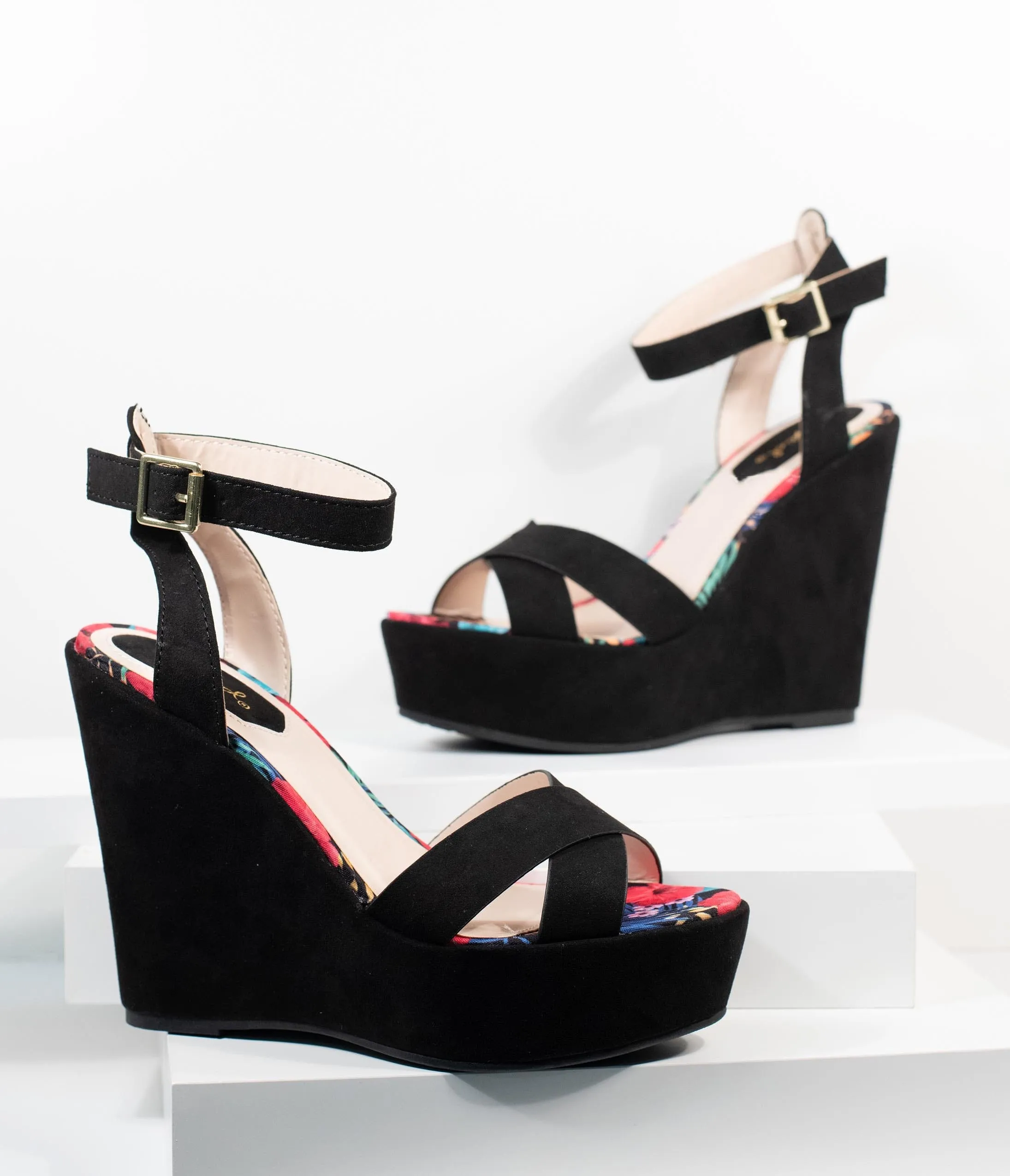 1970s Black Suede Platform Sandal Wedge