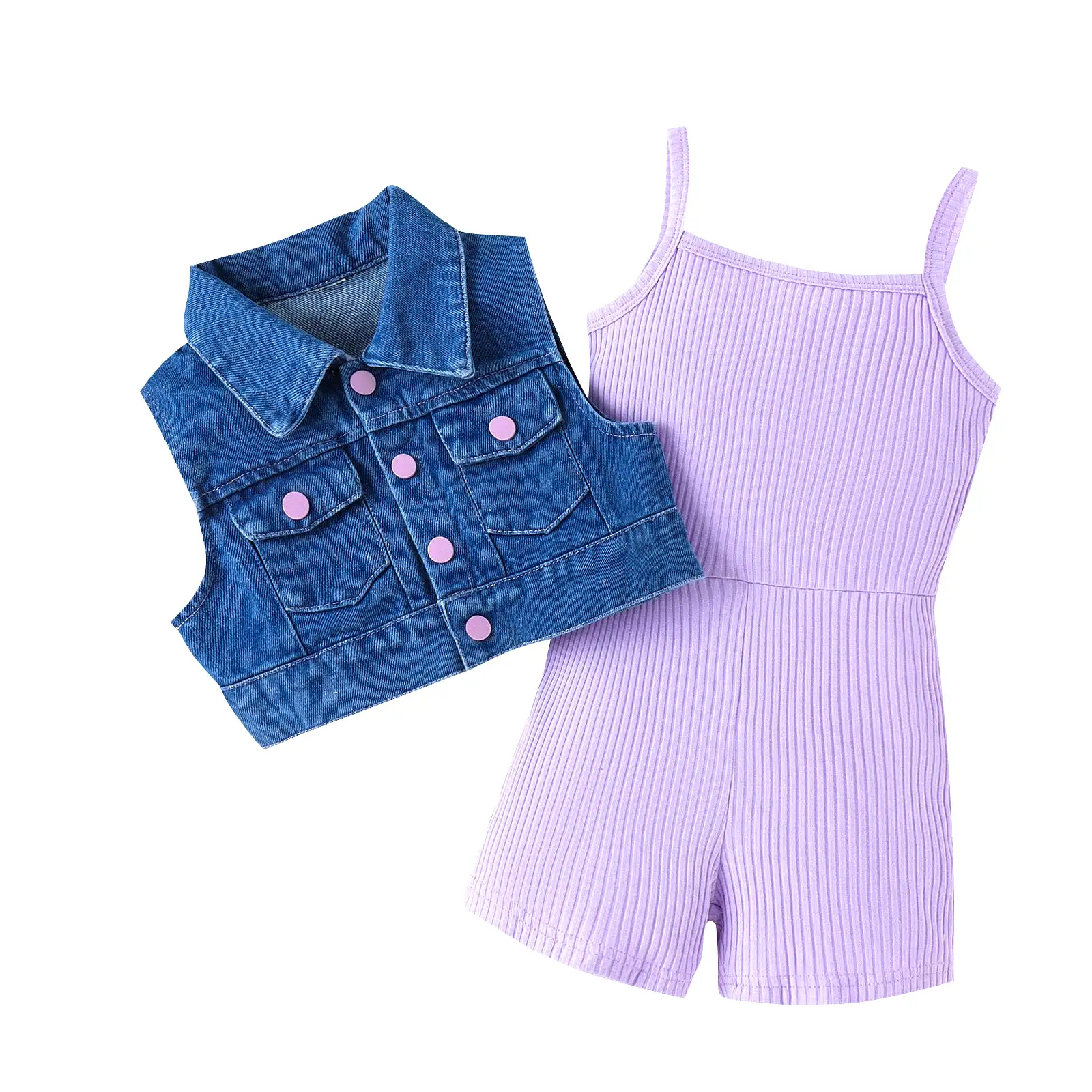 2 Pieces Set Kid Girls Solid Color Rompers And Vests Waistcoats Wholesale 240301129