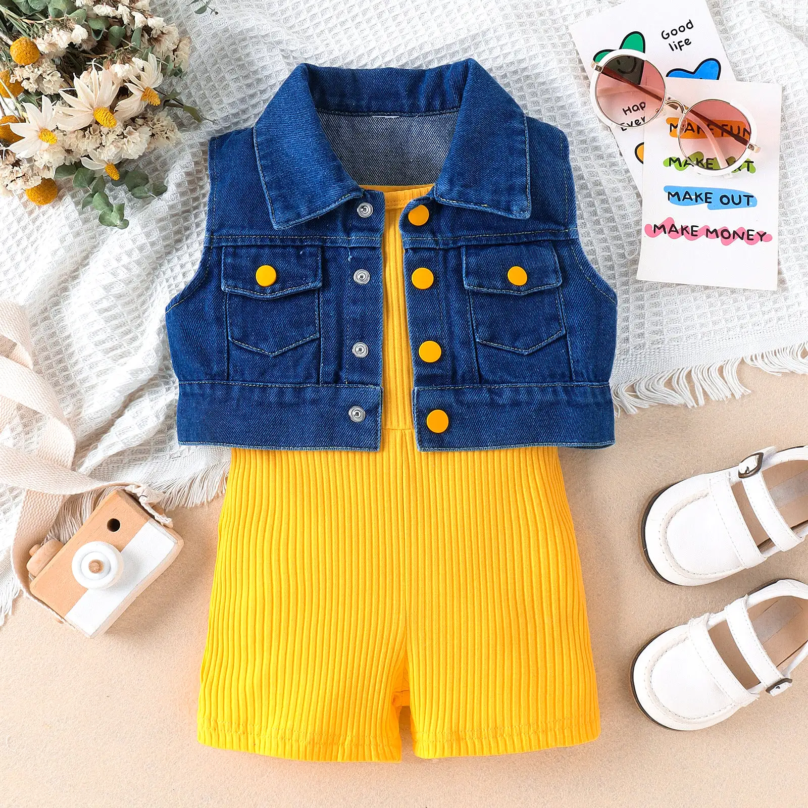 2 Pieces Set Kid Girls Solid Color Rompers And Vests Waistcoats Wholesale 240301129