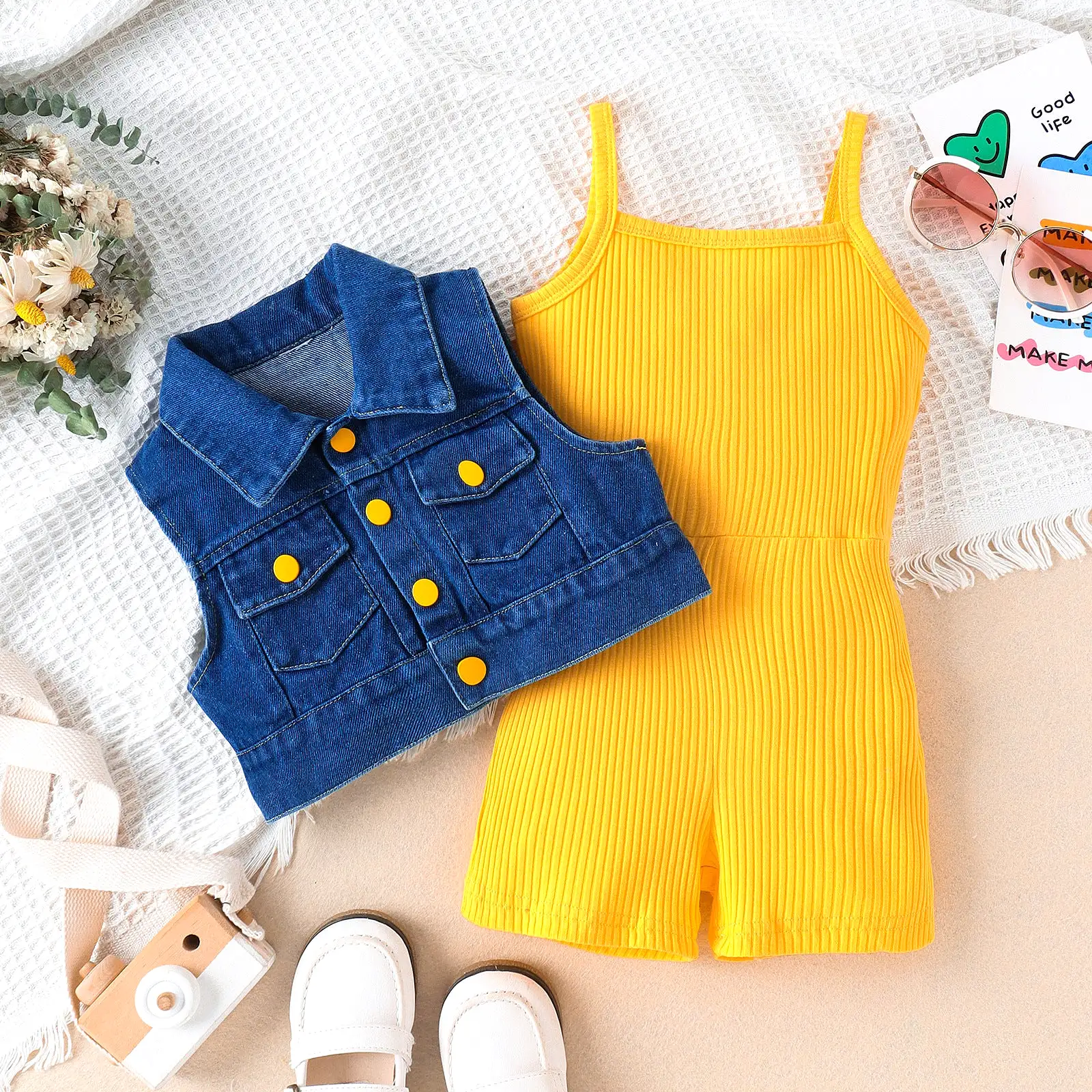 2 Pieces Set Kid Girls Solid Color Rompers And Vests Waistcoats Wholesale 240301129