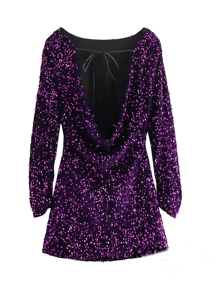 2024 Women Sequin Backless Purple Mini Dress Fashion Long Sleeve Shiny O Neck Dresses