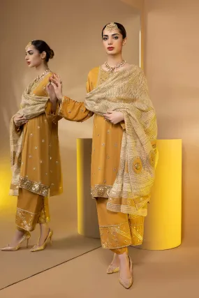 3-Pc Embroidered Raw Silk Shirt With Qlot Trouser and Organza Dupatta STM22-15