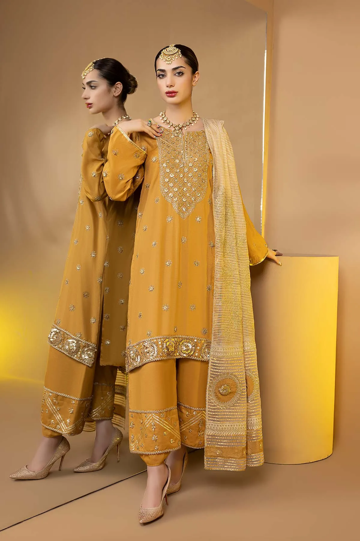 3-Pc Embroidered Raw Silk Shirt With Qlot Trouser and Organza Dupatta STM22-15