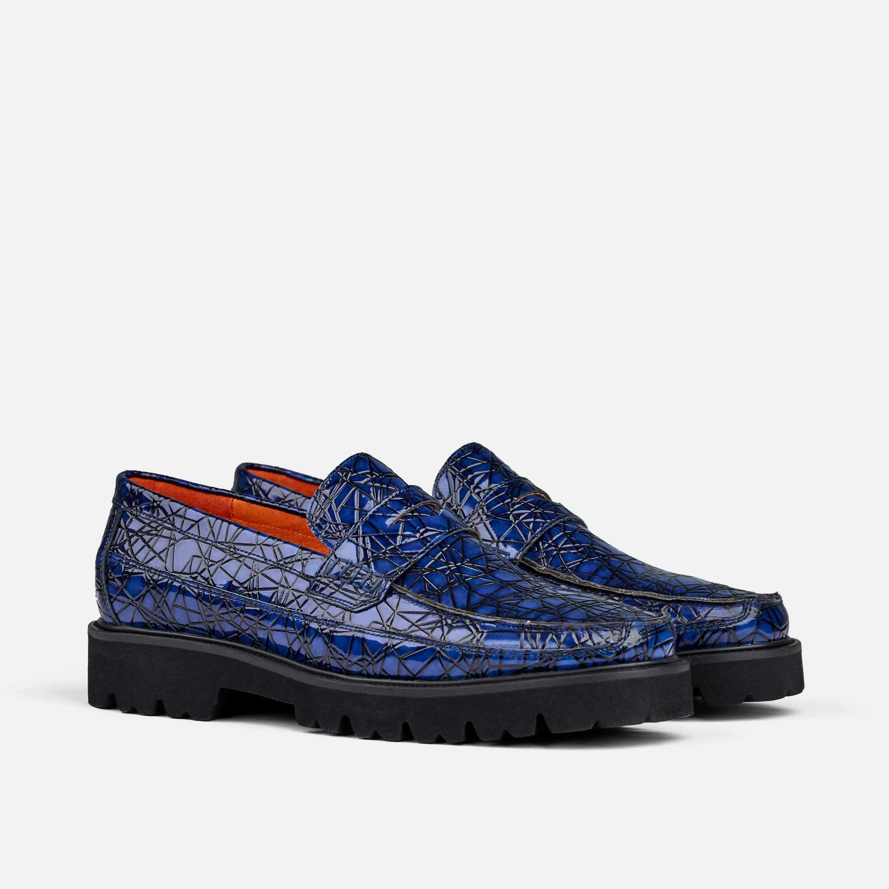 Adler Navy Croc Leather Penny Loafers