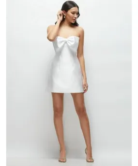 Alfred Sung Women's Oversized Bow Strapless Little White Mini Dress with Pearl Accents