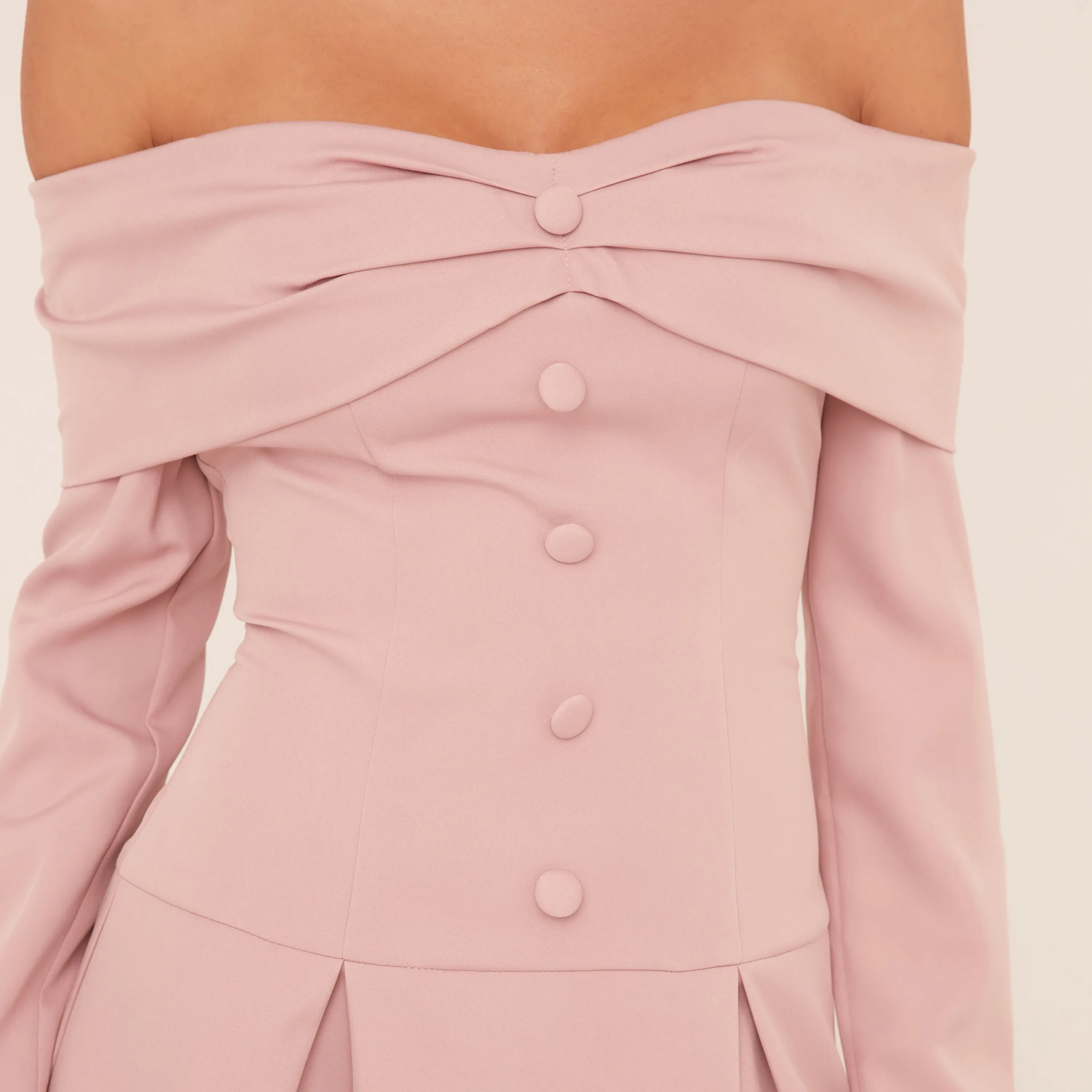 Bardot Button Front Pleated Mini Dress In Dusky Pink Woven