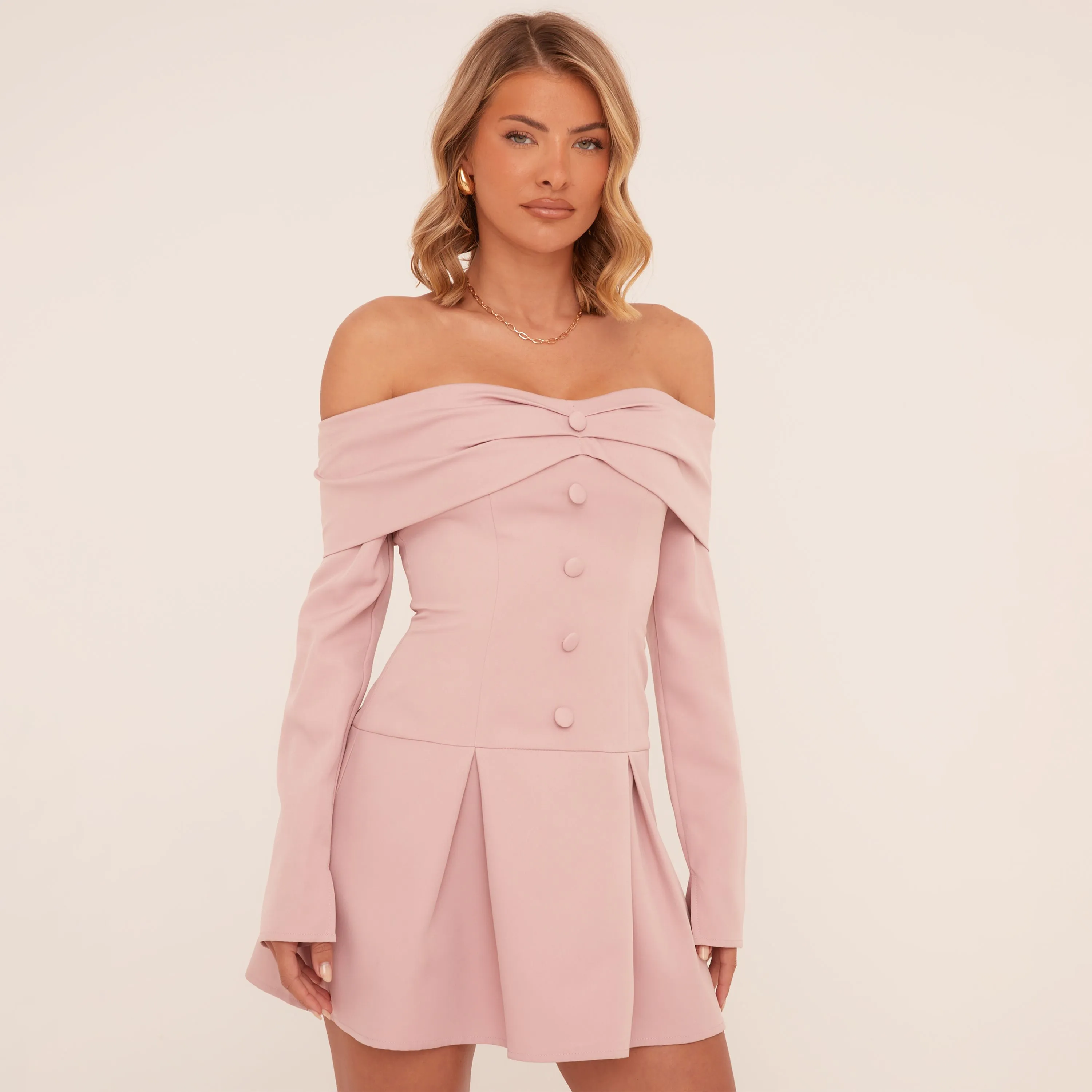 Bardot Button Front Pleated Mini Dress In Dusky Pink Woven