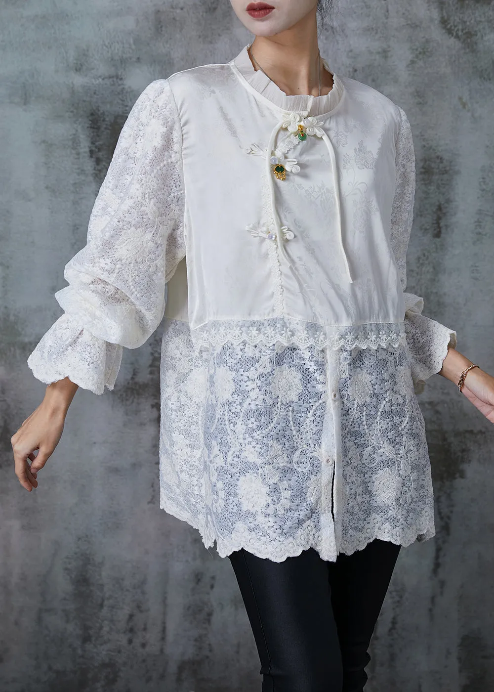 Beautiful White Chinese Button Patchwork Lace Shirts Summer