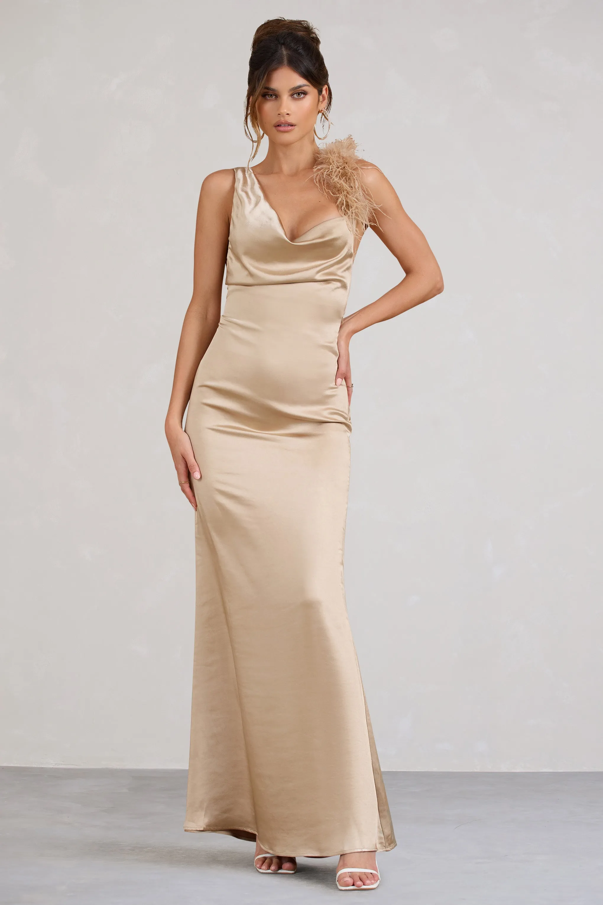 Cherish Me | Gold Satin Asymmetric Cowl Maxi Dress With Feather Strap