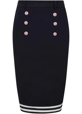 Collectif Nancy Nautical 40's Pencil Skirt Navy