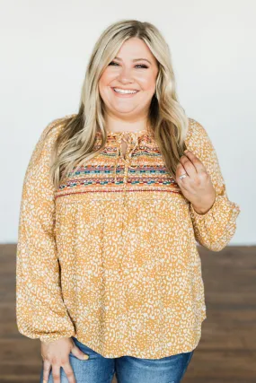 Dress It Up Embroidered Animal Print Blouse- Marigold