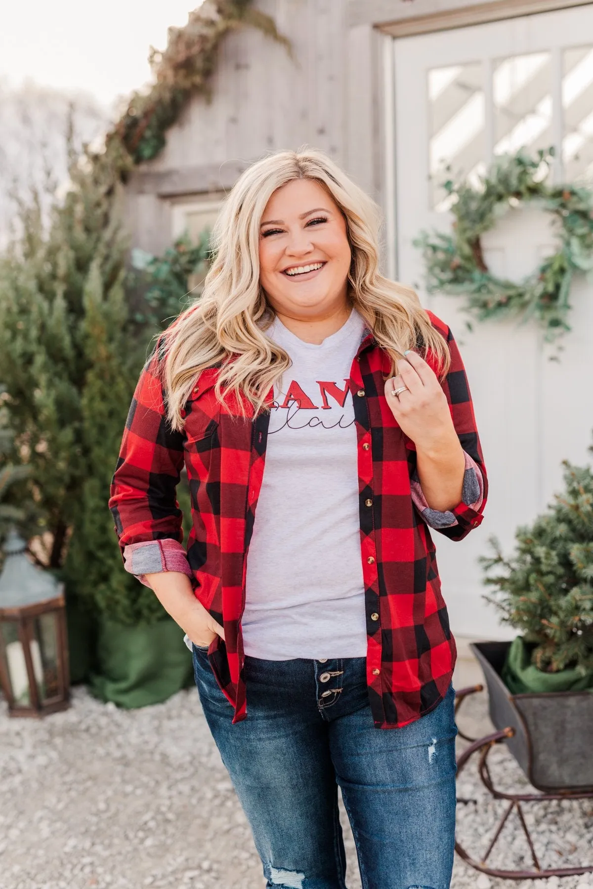 Fall Into The Night Plaid Button Top- Red & Black