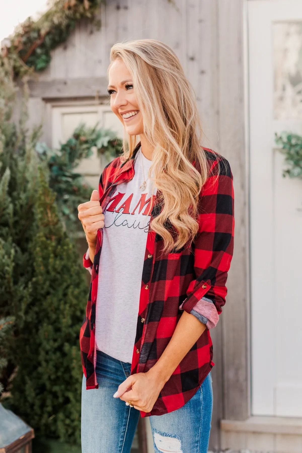 Fall Into The Night Plaid Button Top- Red & Black