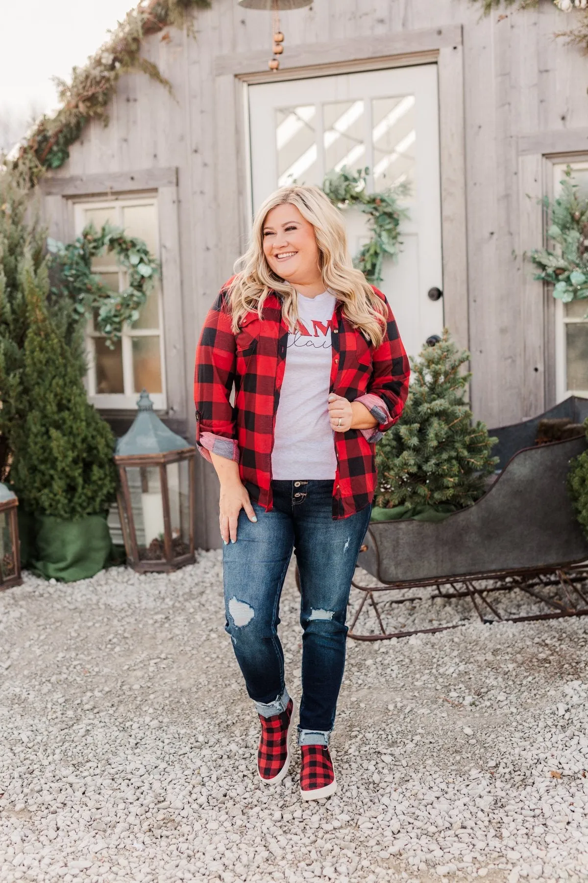 Fall Into The Night Plaid Button Top- Red & Black