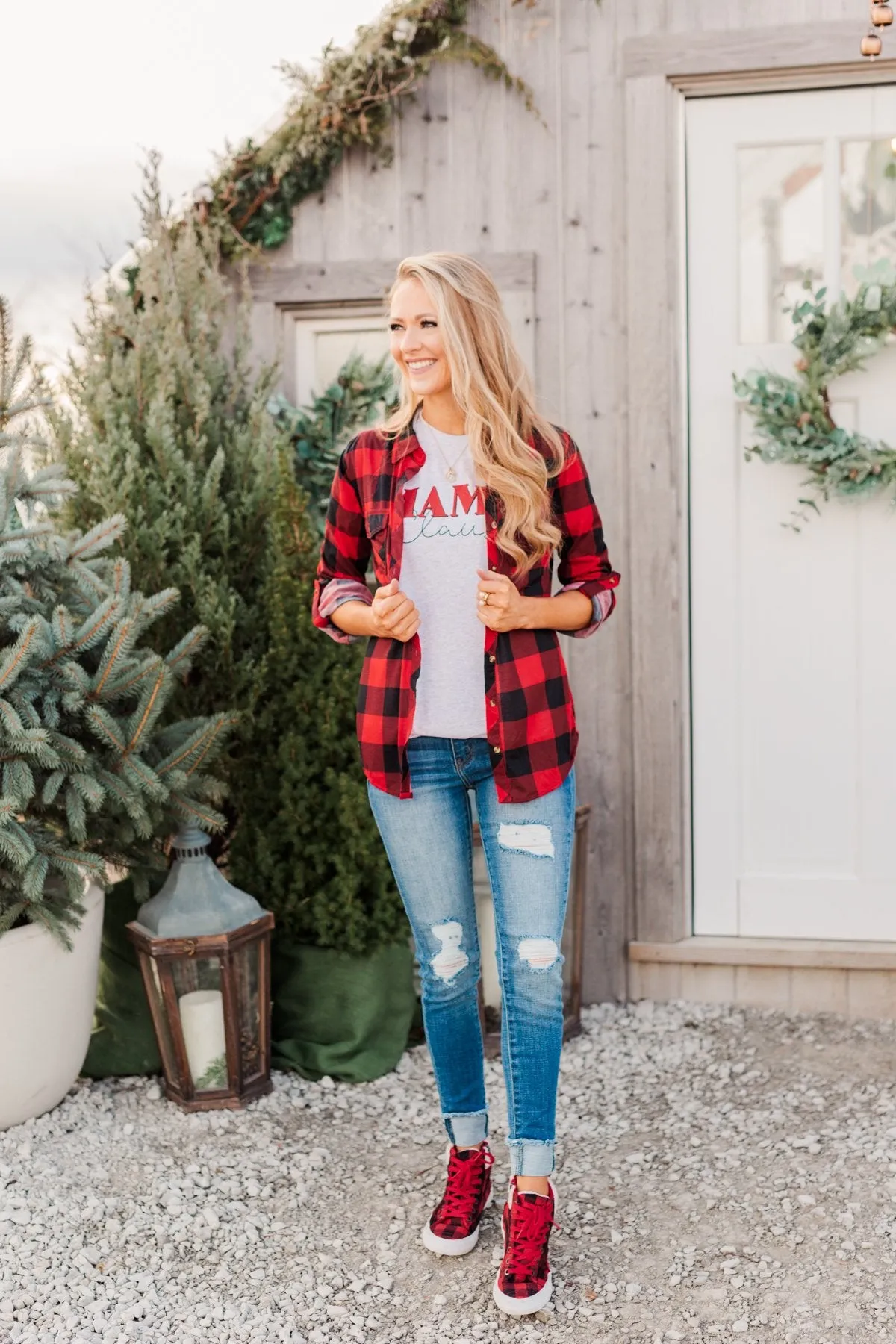 Fall Into The Night Plaid Button Top- Red & Black