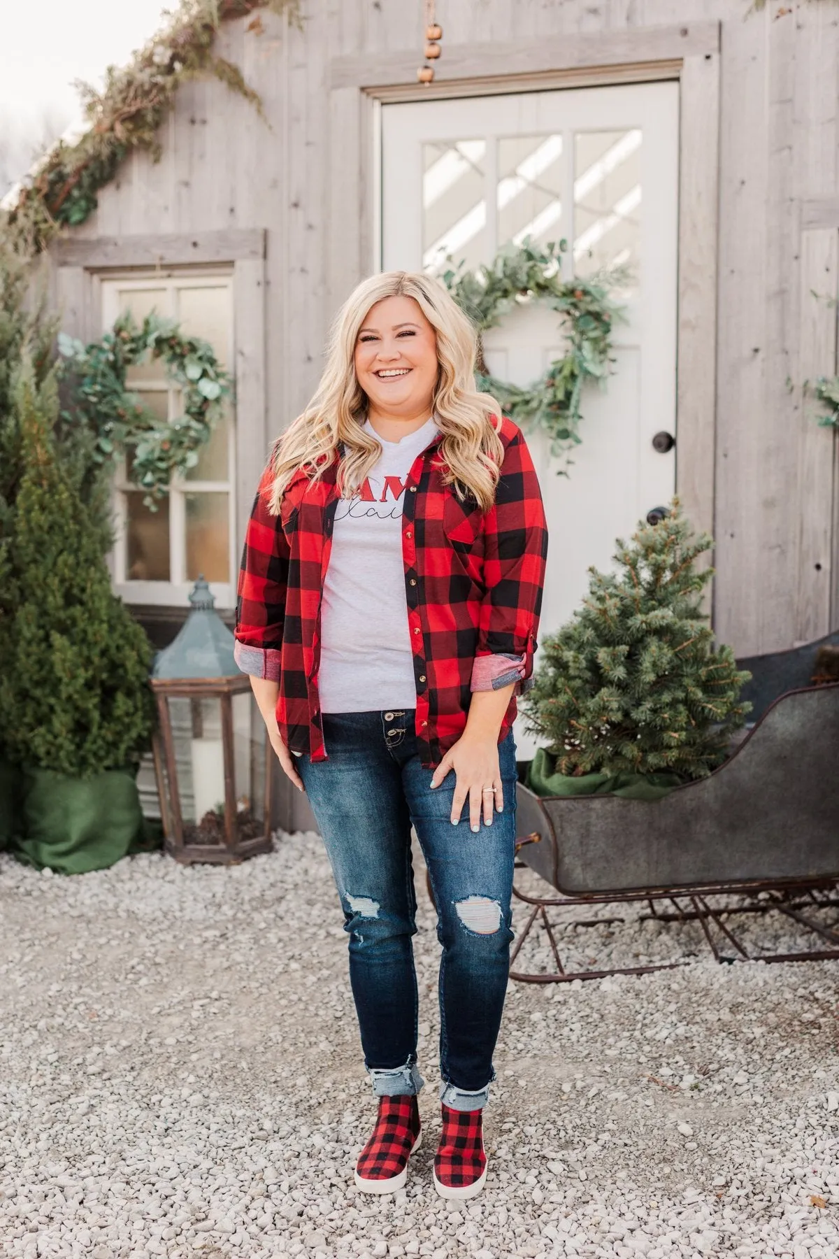 Fall Into The Night Plaid Button Top- Red & Black