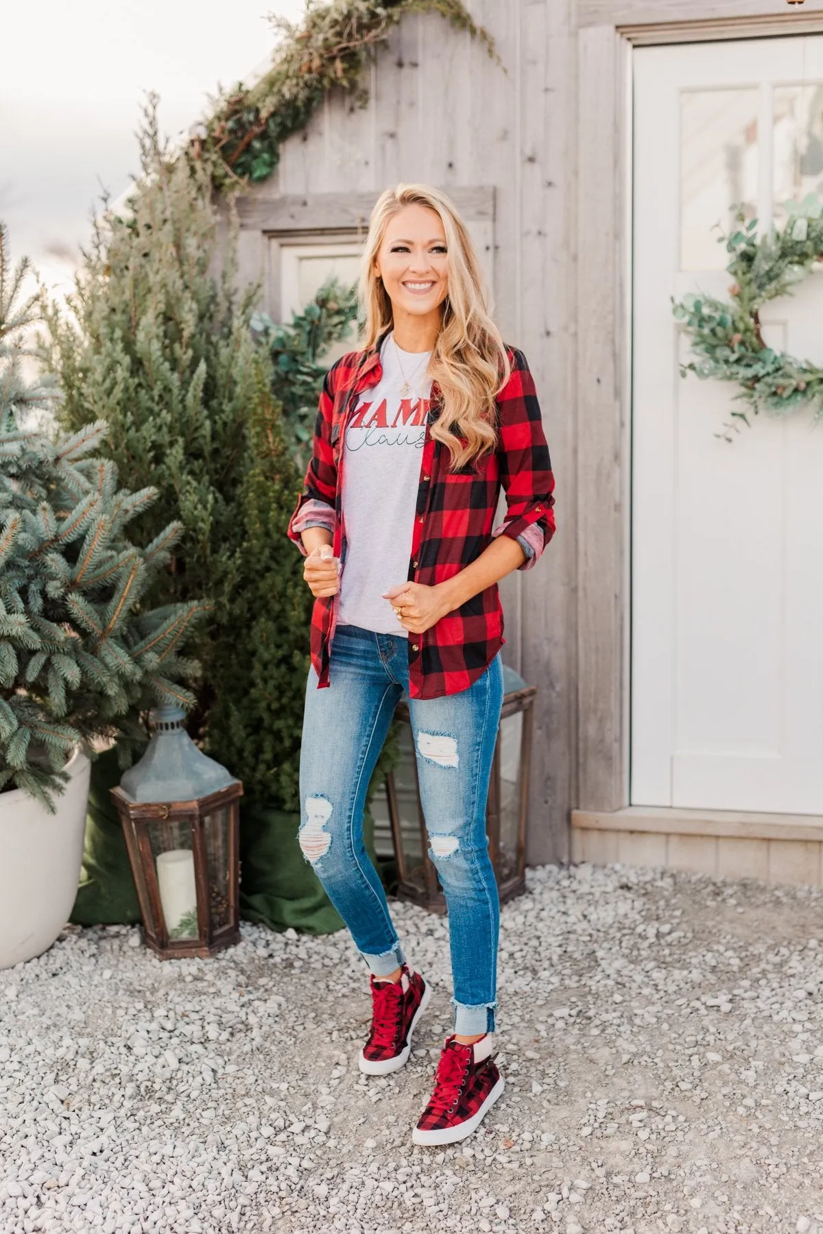 Fall Into The Night Plaid Button Top- Red & Black