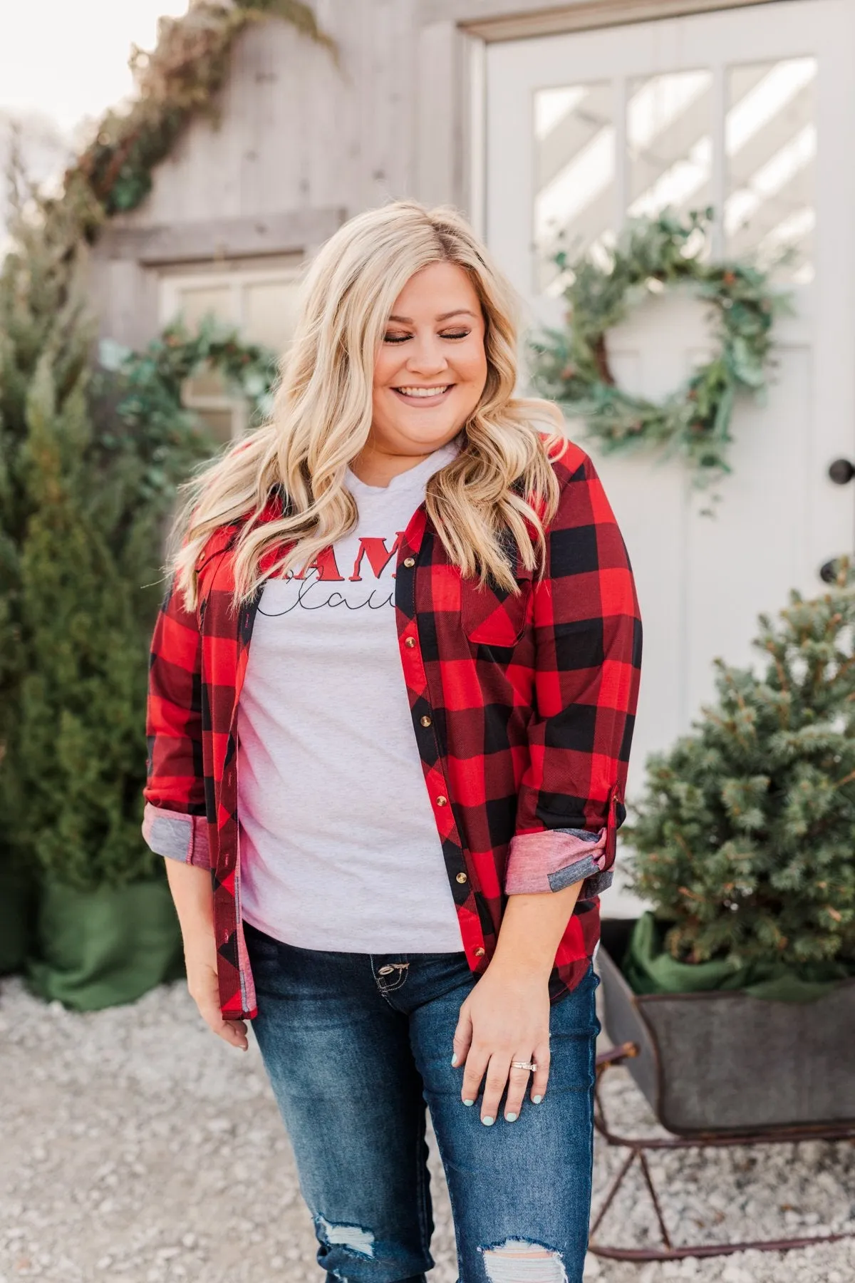 Fall Into The Night Plaid Button Top- Red & Black