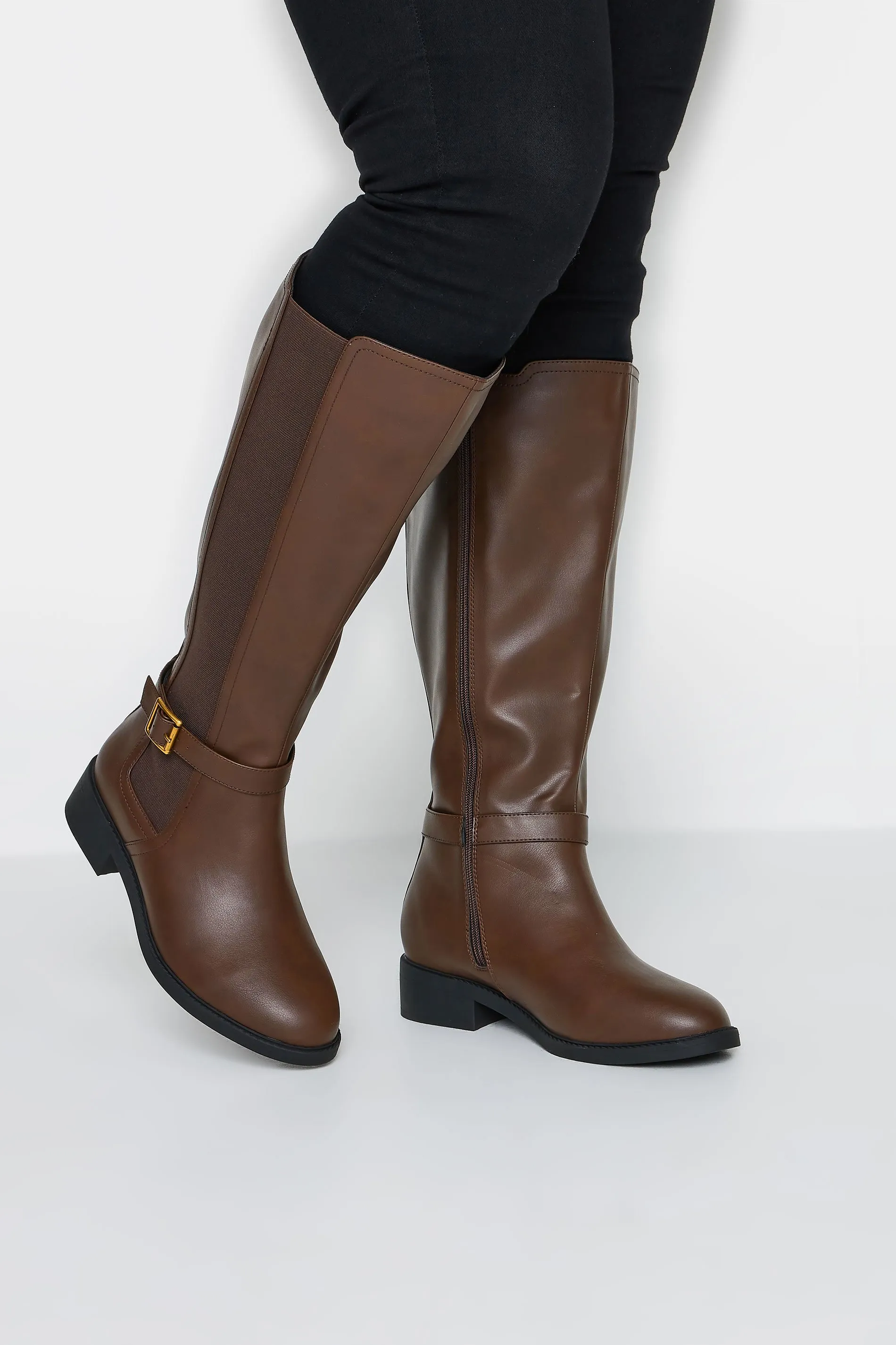 LIMITED COLLECTION Brown Strap Knee High Boot In Extra Wide EEE Fit