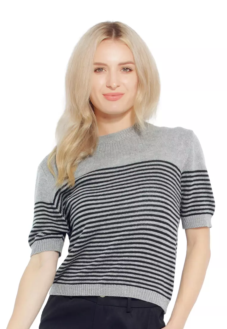 London Rag Black Stripped Crew Neck Casual Top