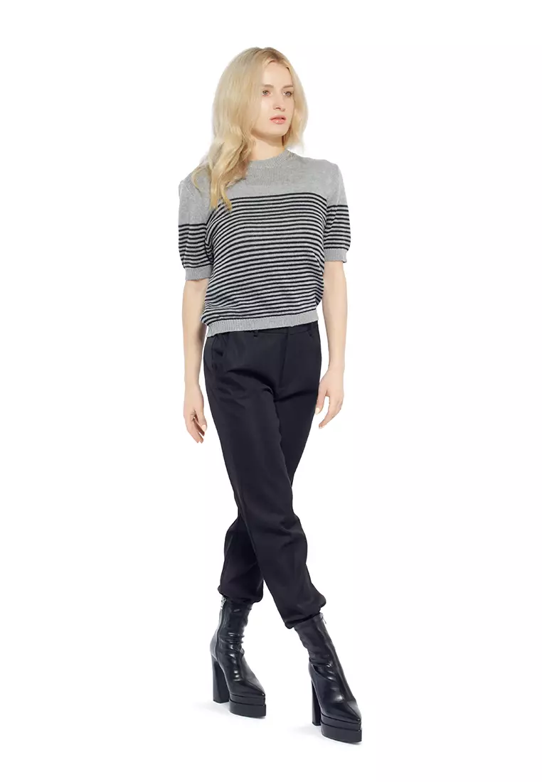 London Rag Black Stripped Crew Neck Casual Top