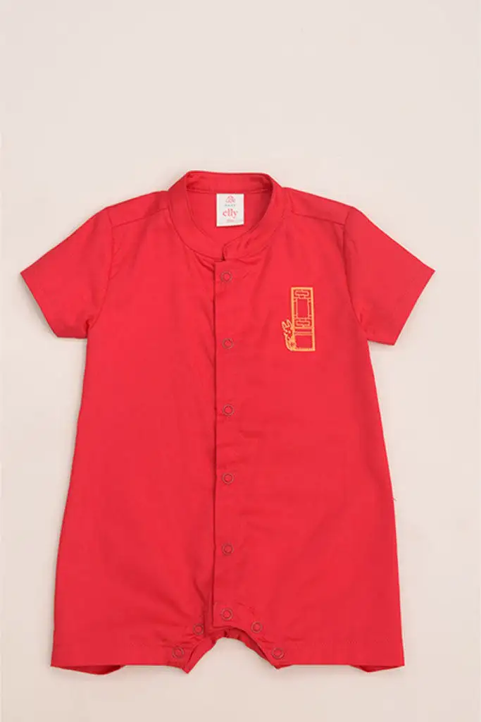 Mandarin-collared Romper - Red Door