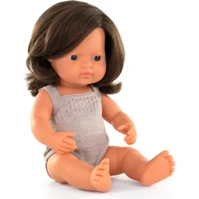 Miniland Colourful Edition Collection - Baby Doll Caucasian Brown Hair Girl 15 (grey rompers)