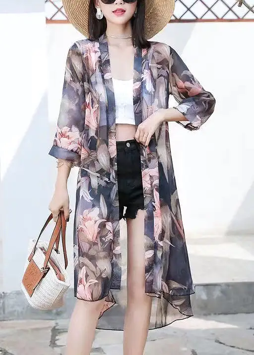 New Black Print Low High Design Chiffon Cardigans Bracelet Sleeve AS1034