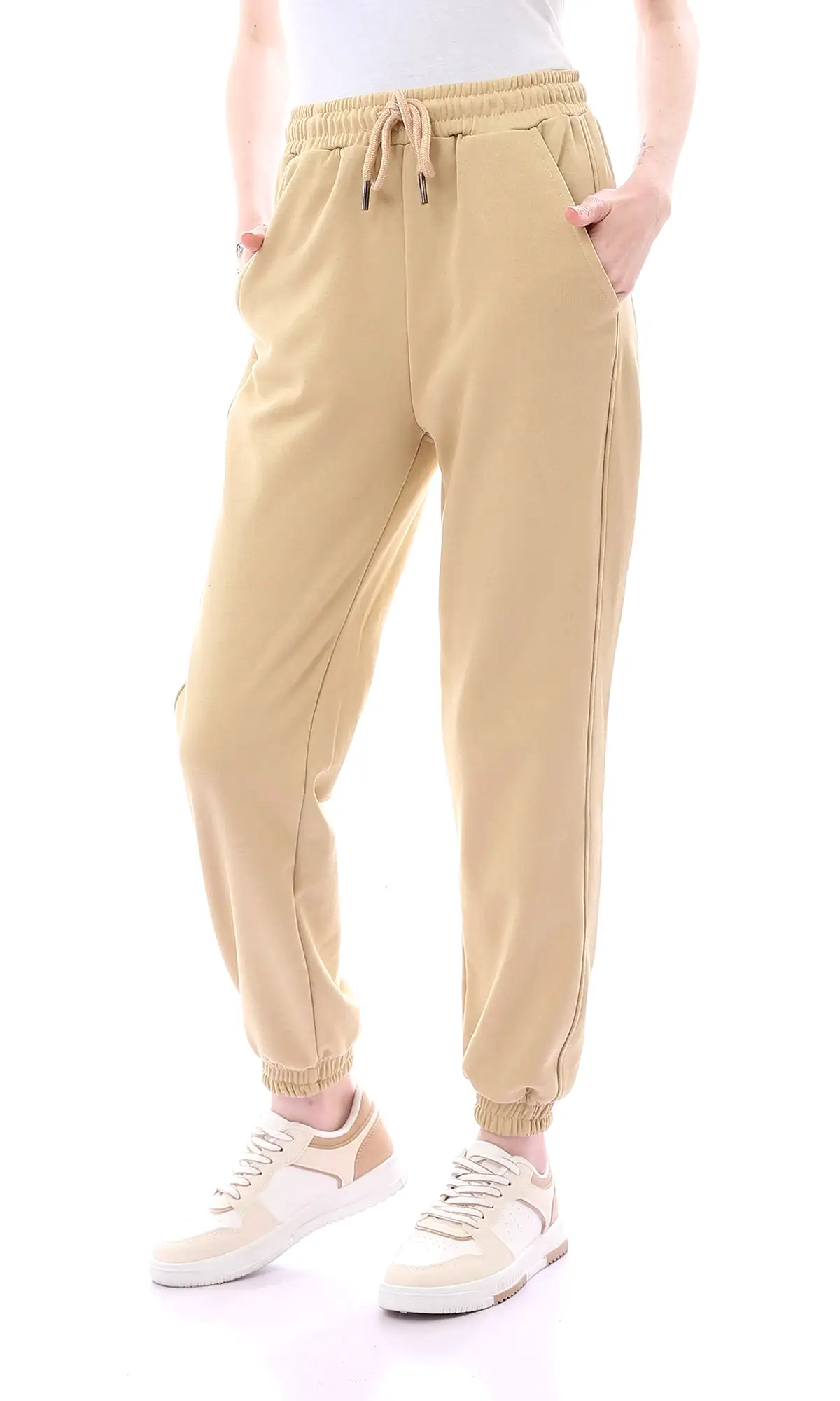 O165842 Dark Beige Solid Cotton Sweatpants With Side Pockets