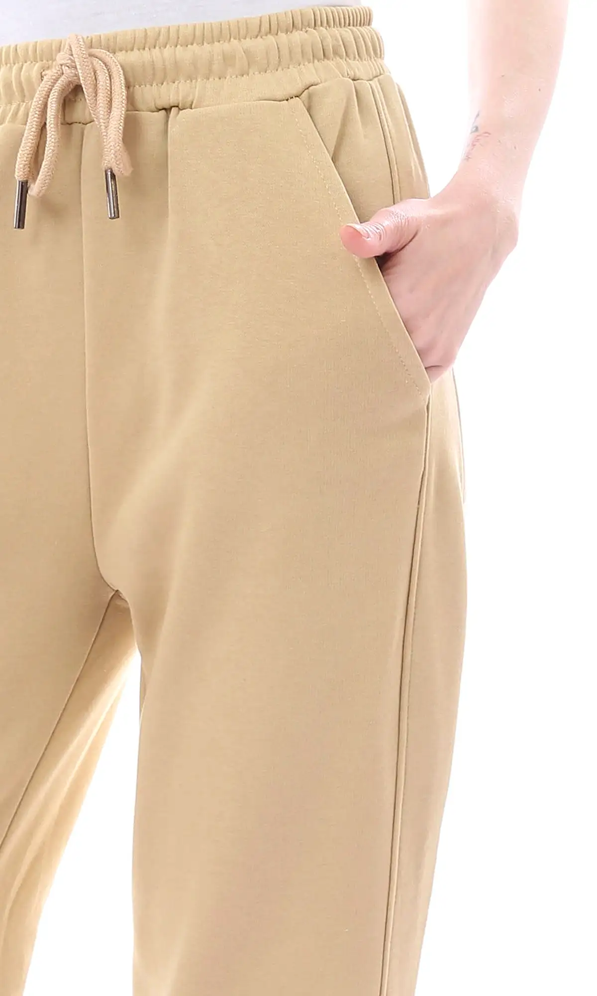 O165842 Dark Beige Solid Cotton Sweatpants With Side Pockets