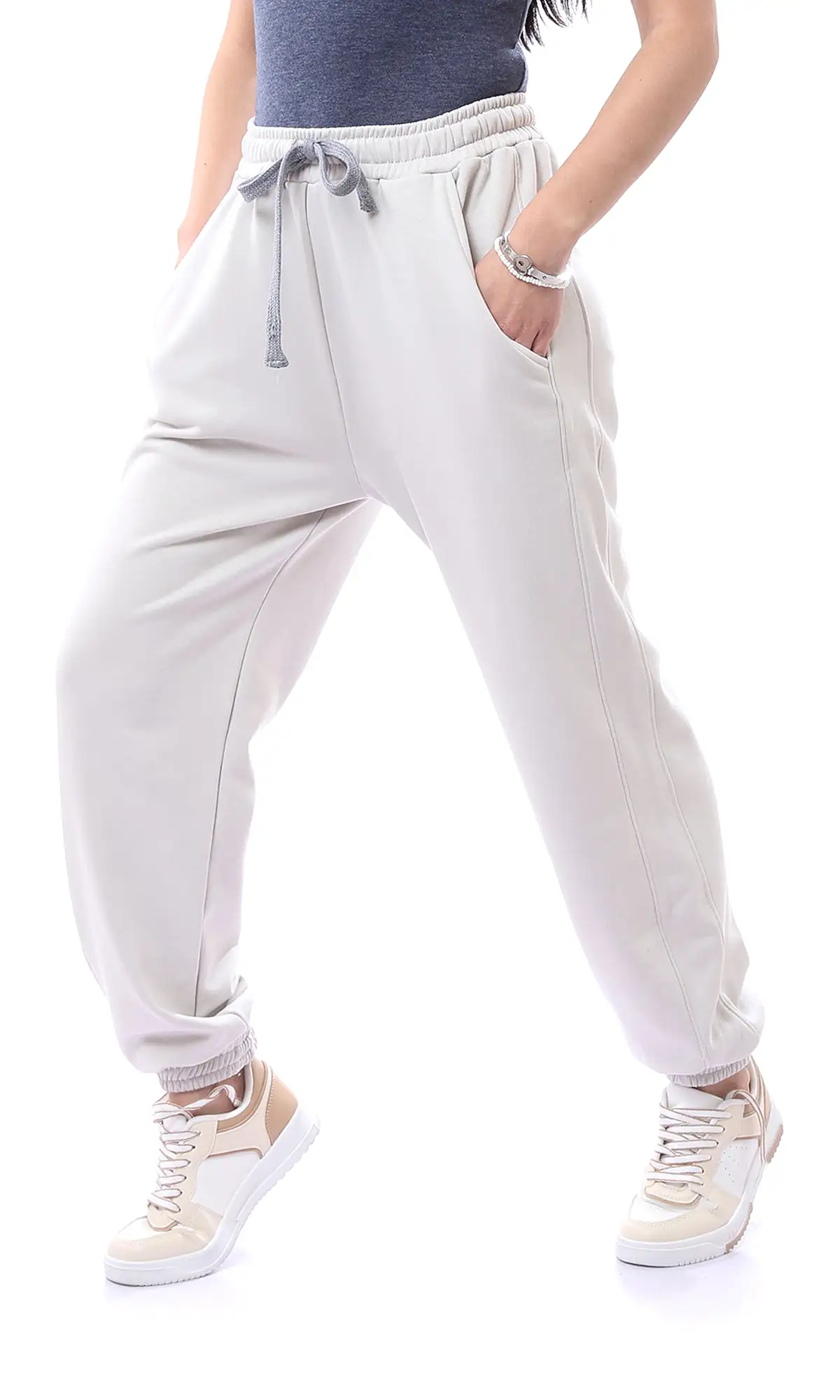 O165845 Elastic Waist With Drawstring Light Grey Sweatpants