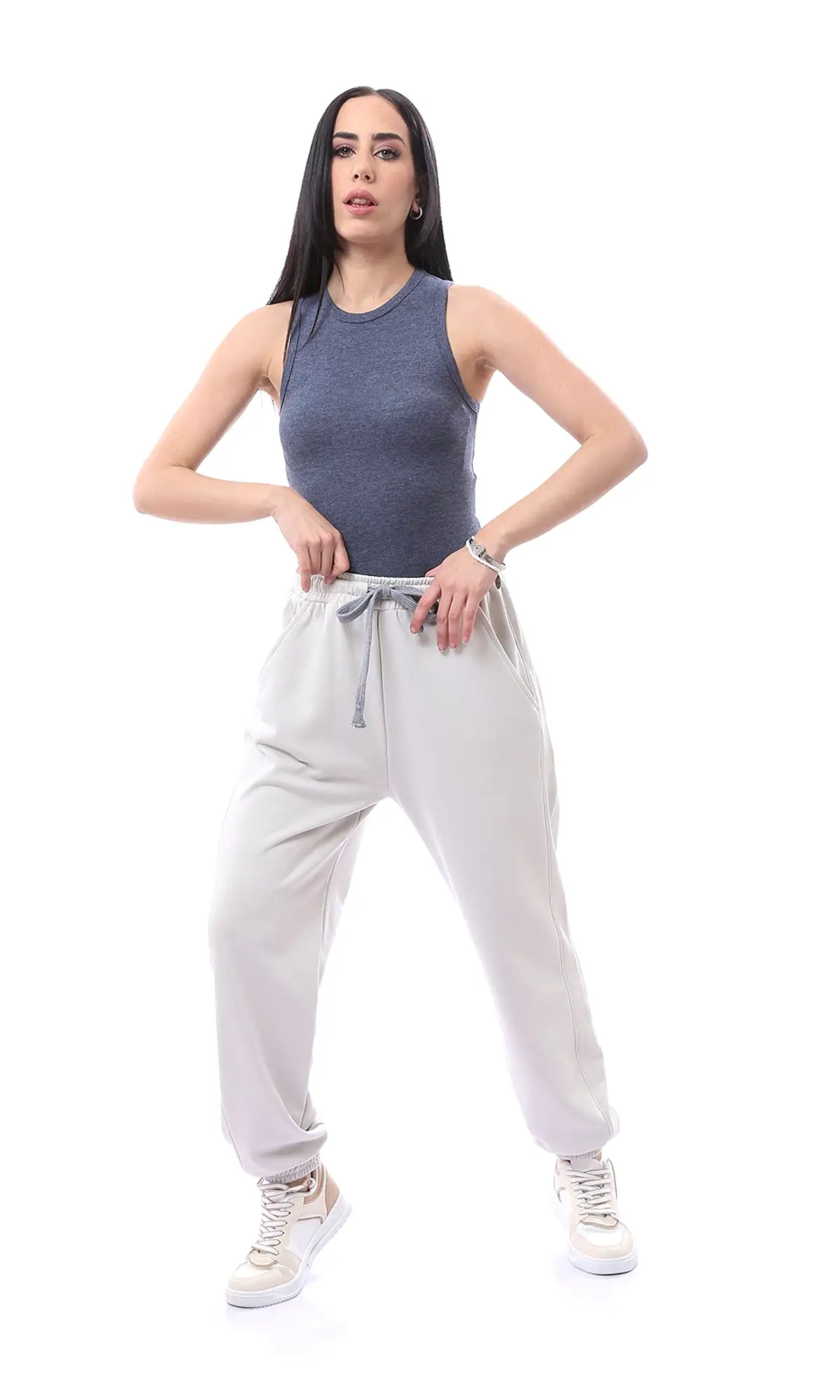 O165845 Elastic Waist With Drawstring Light Grey Sweatpants