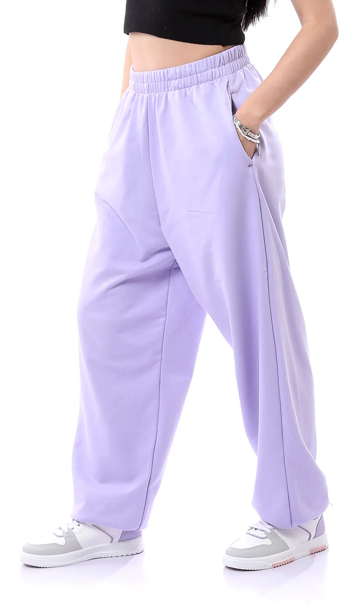 O165862 Elastic Waist Solid Lavender Sweatpants With Hem