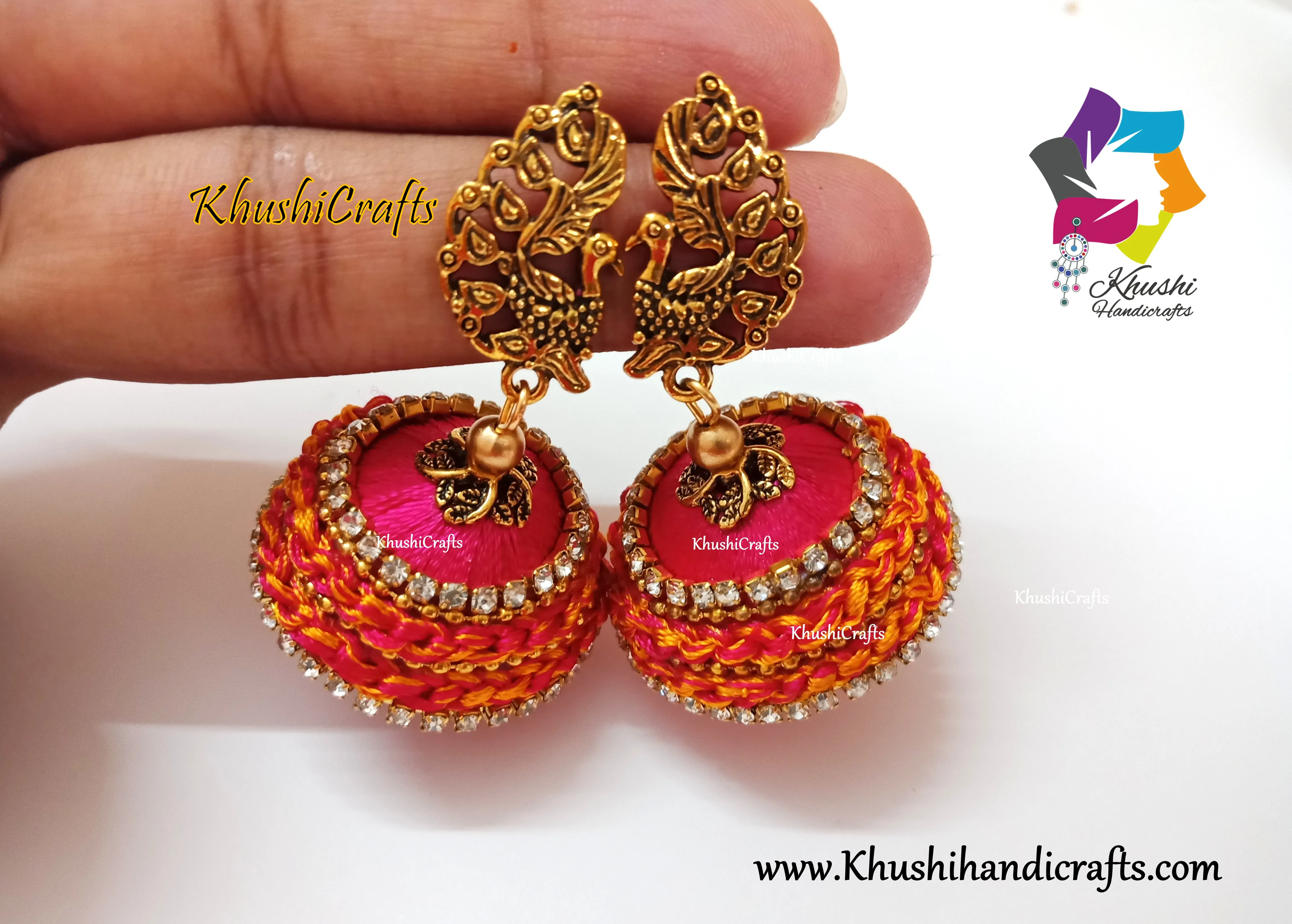 Peacock Pink Silk Thread Jhumkas with crochet work!