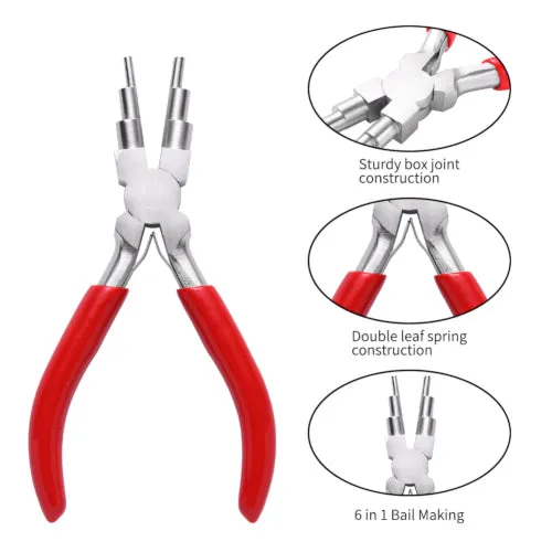 Pliers, Carbon Steel Jewelry Pliers, 6-Step Bail Making, Wire Looping, Pliers, Red, 153mm