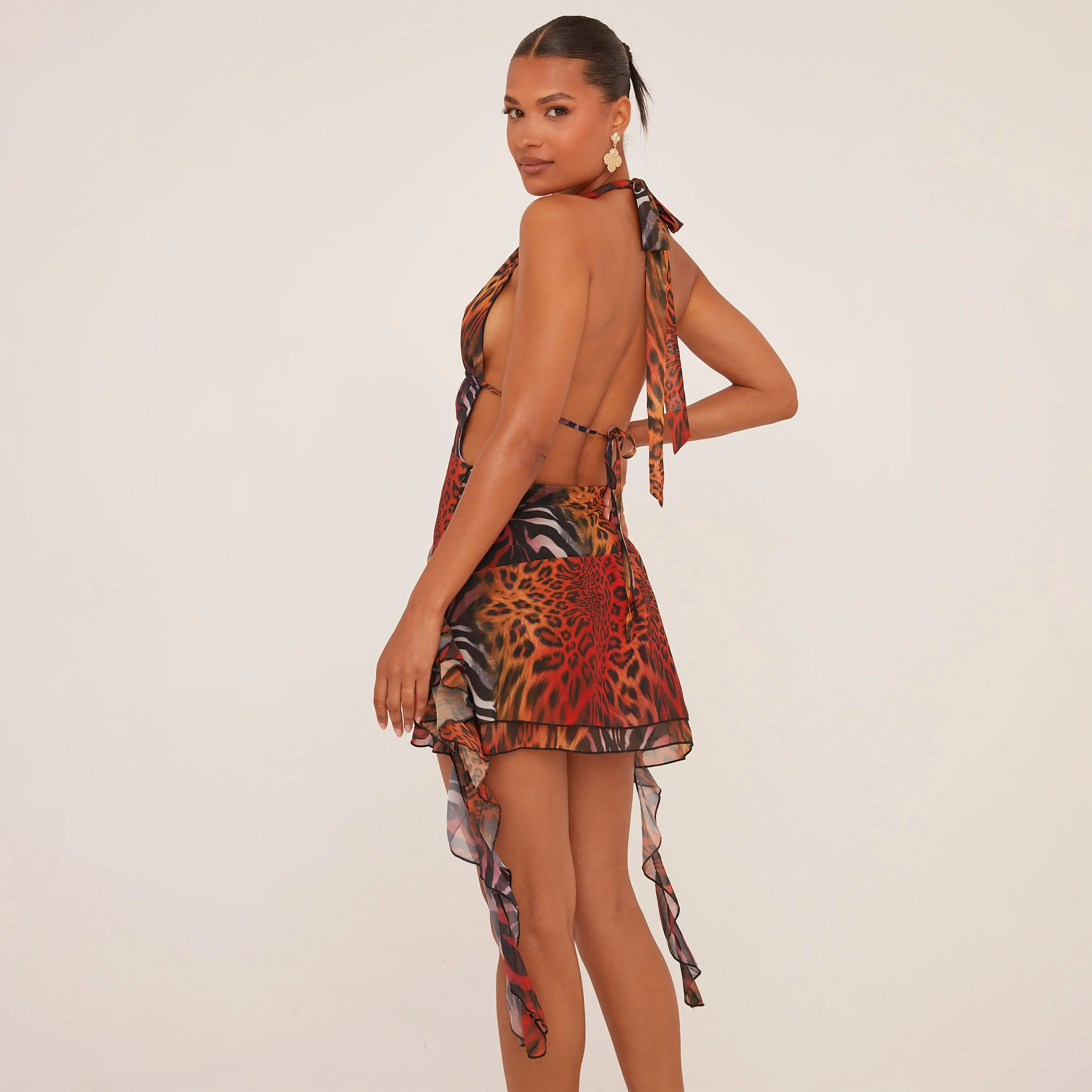 Plunge Halterneck Frill Side Mini Dress In Orange Animal Print