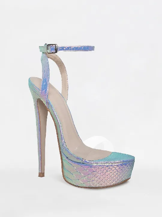 Rainbow Mermaid Snake Print Platform Ankle Buckle Strap High Heels