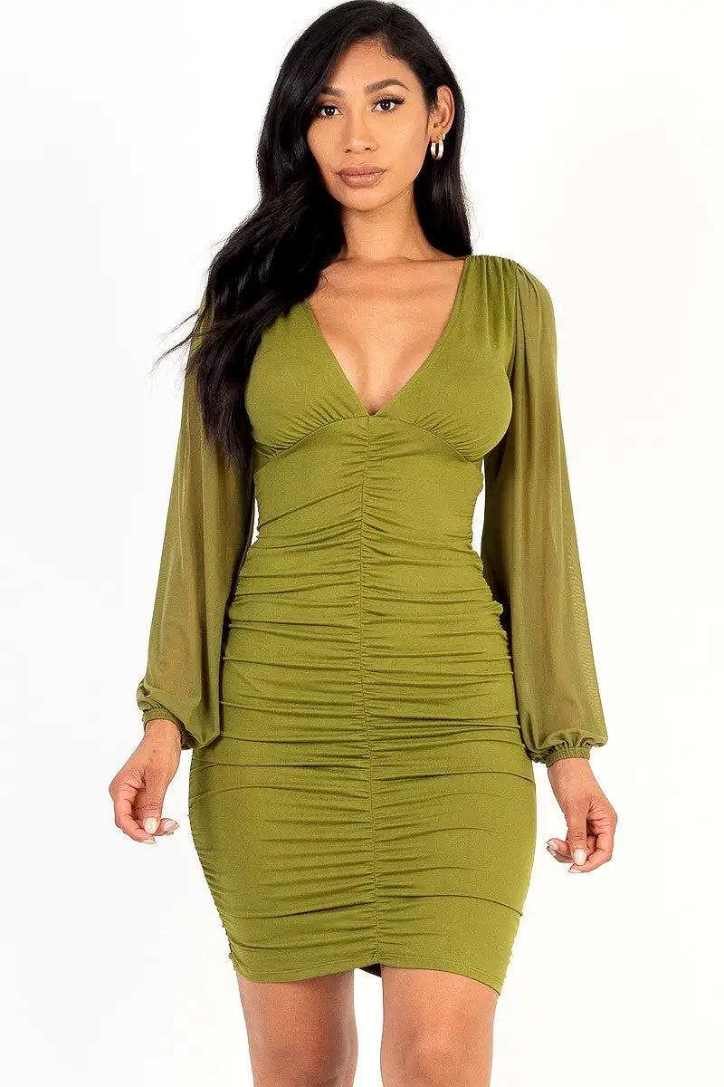 Ruched mesh long sleeve v-neck mini dress