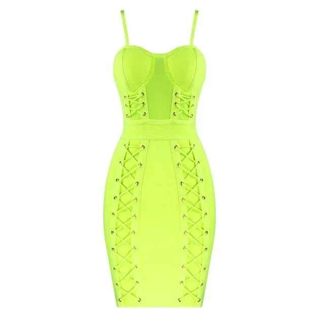 Sexy Sleeveless Mesh Eyelet Neon Bodycon Bandage Mini Club Dress