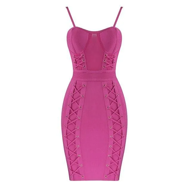 Sexy Sleeveless Mesh Eyelet Neon Bodycon Bandage Mini Club Dress