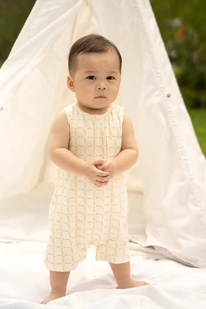 Sleeveless Romper - Cream Bamboo Tiles