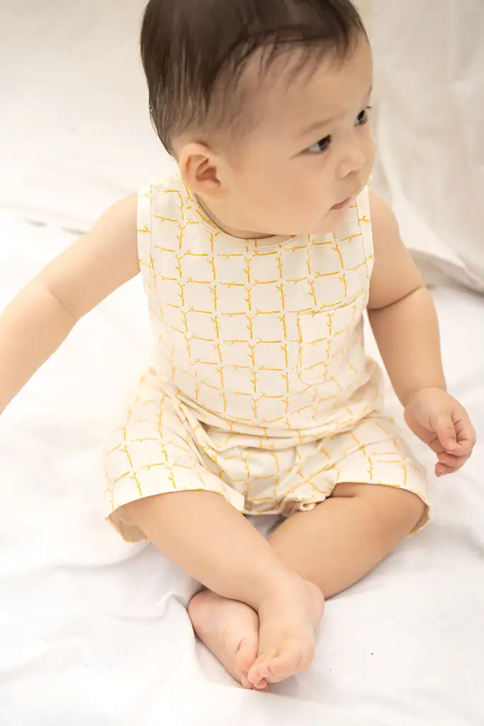 Sleeveless Romper - Cream Bamboo Tiles