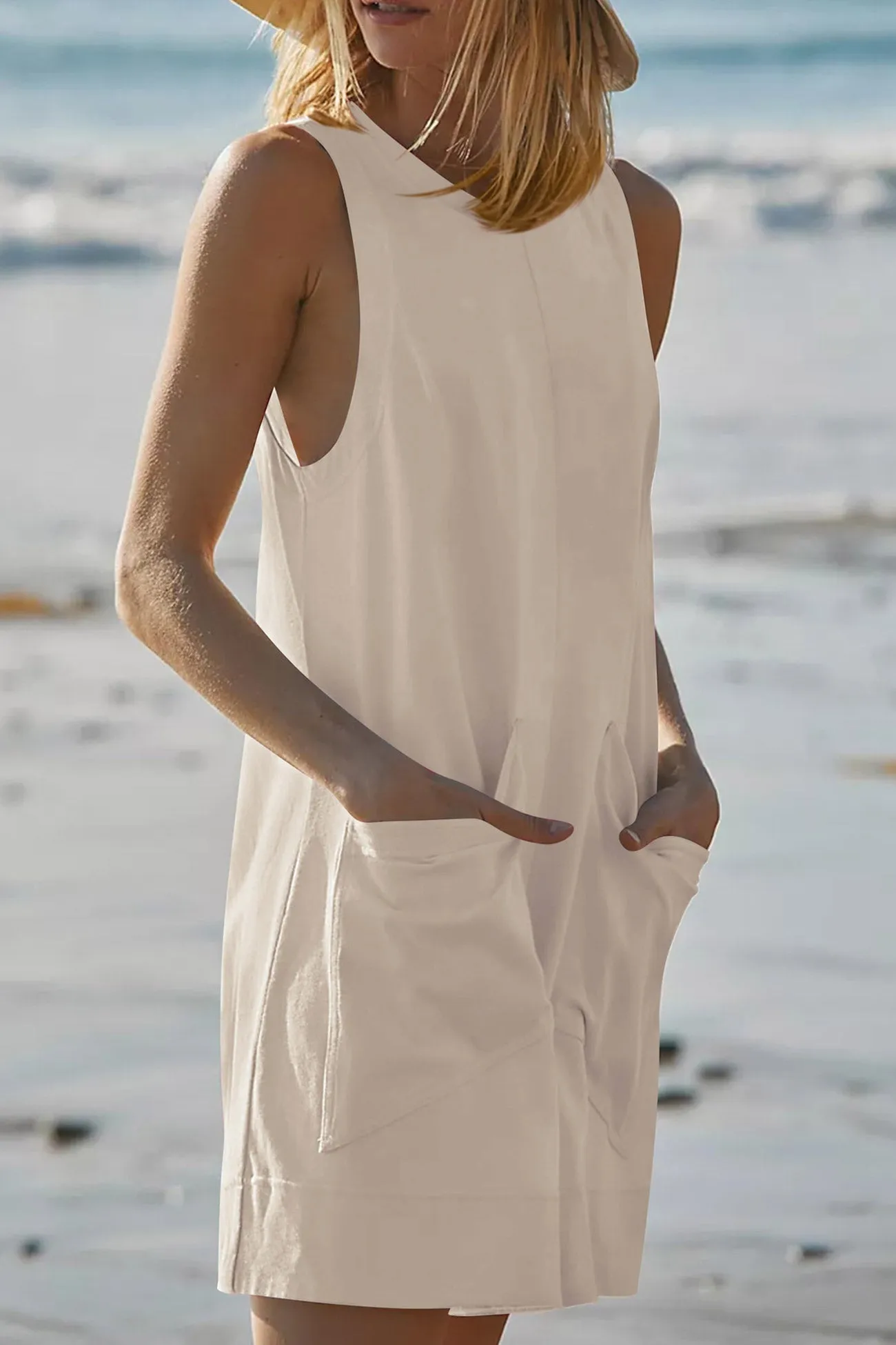 Solid Front With Pockets Sleeveless Rompers