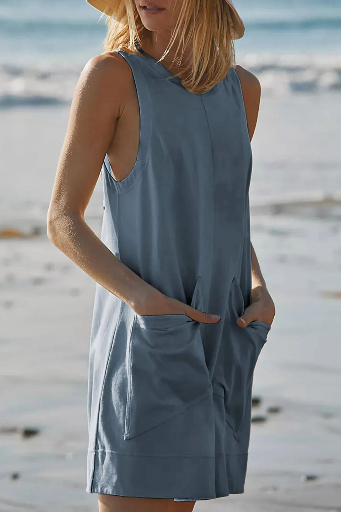 Solid Front With Pockets Sleeveless Rompers