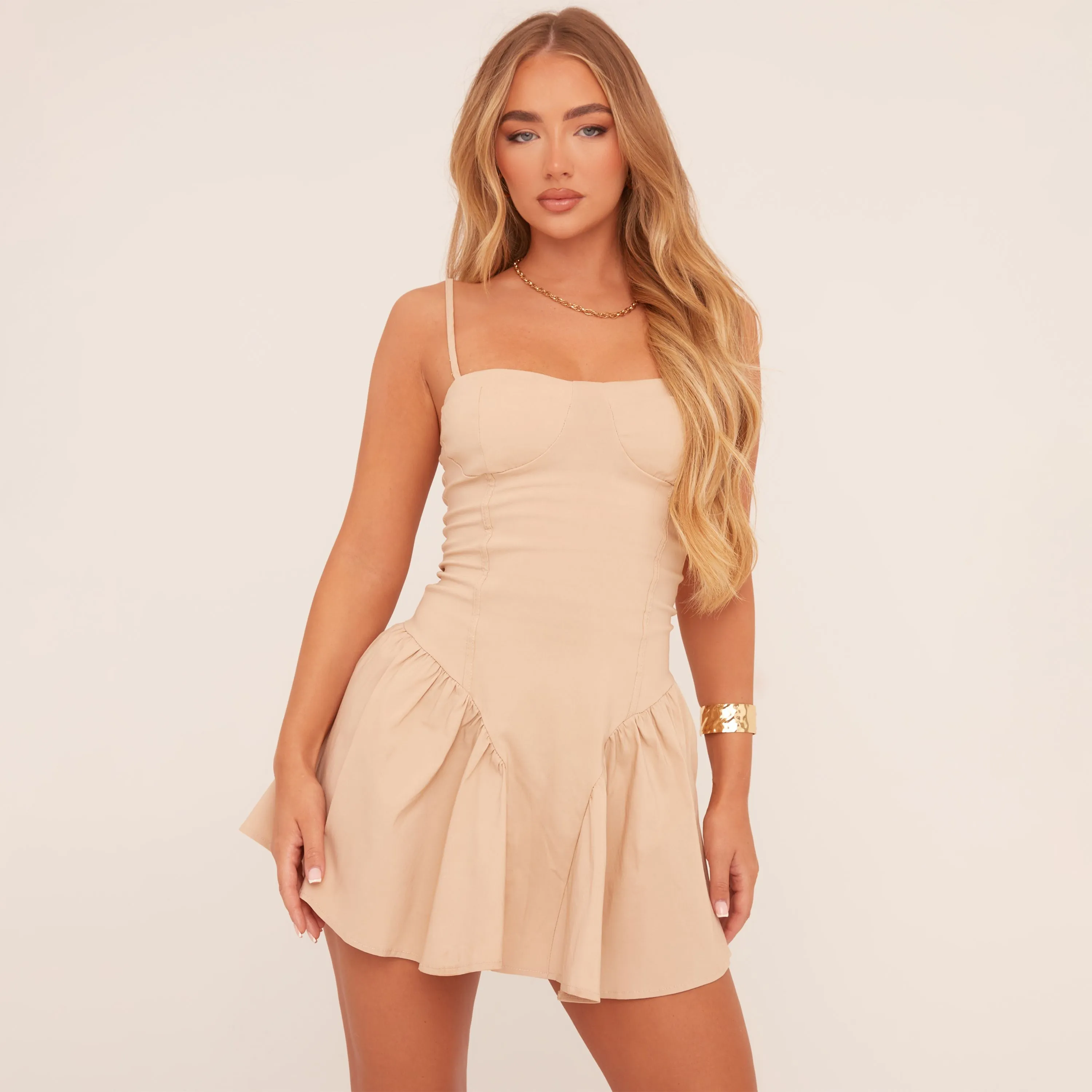 Strappy Cupped Dipped Waist Mini Dress In Stone Woven