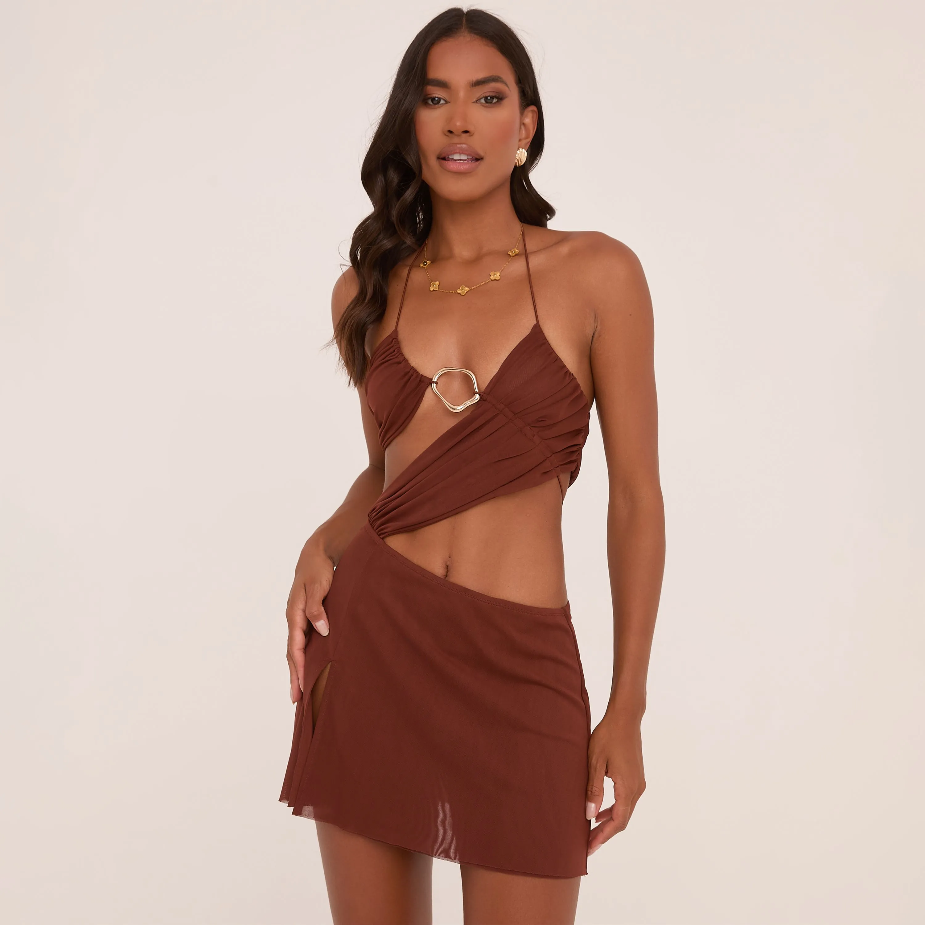 Strappy Textured Ring Detail Cut Out Mini Dress In Chocolate Brown Slinky