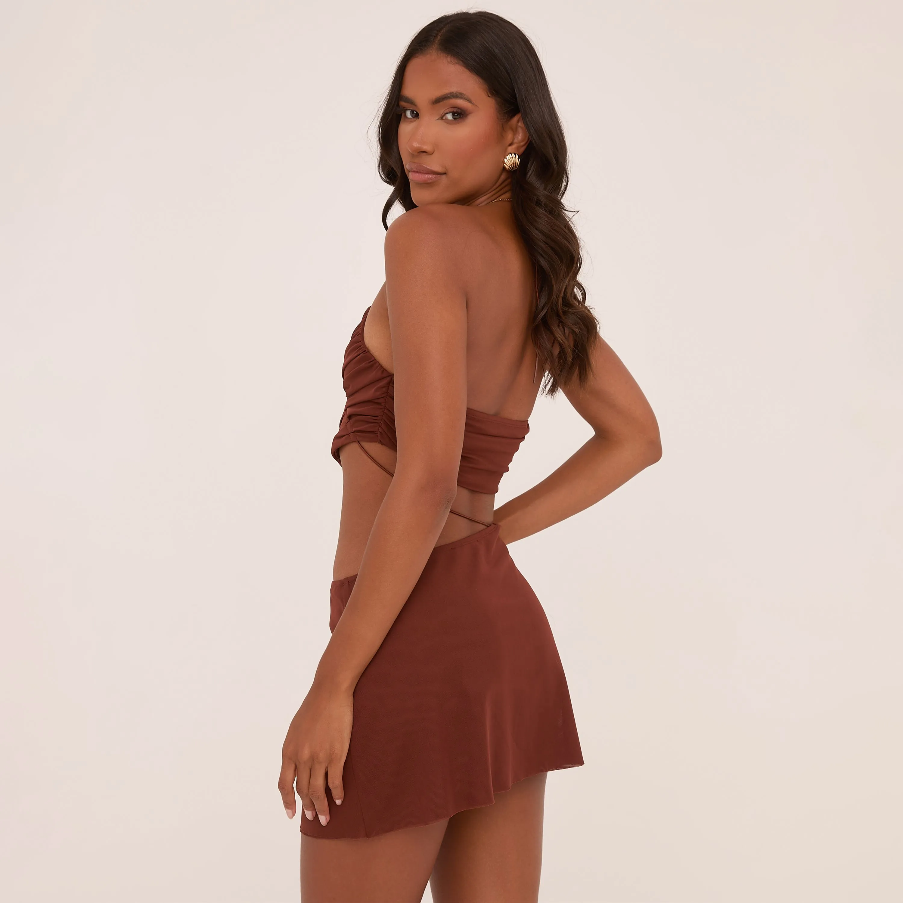 Strappy Textured Ring Detail Cut Out Mini Dress In Chocolate Brown Slinky