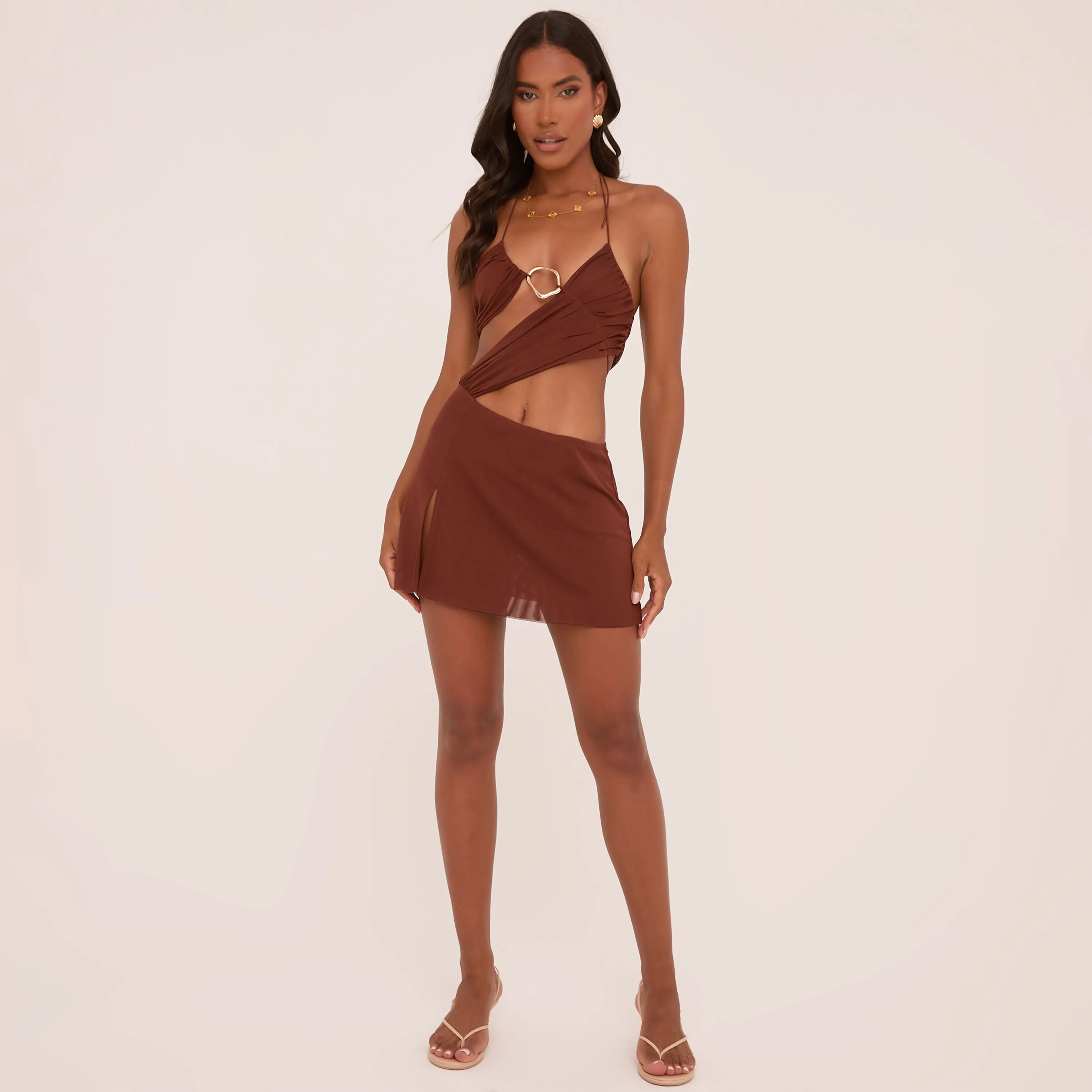 Strappy Textured Ring Detail Cut Out Mini Dress In Chocolate Brown Slinky