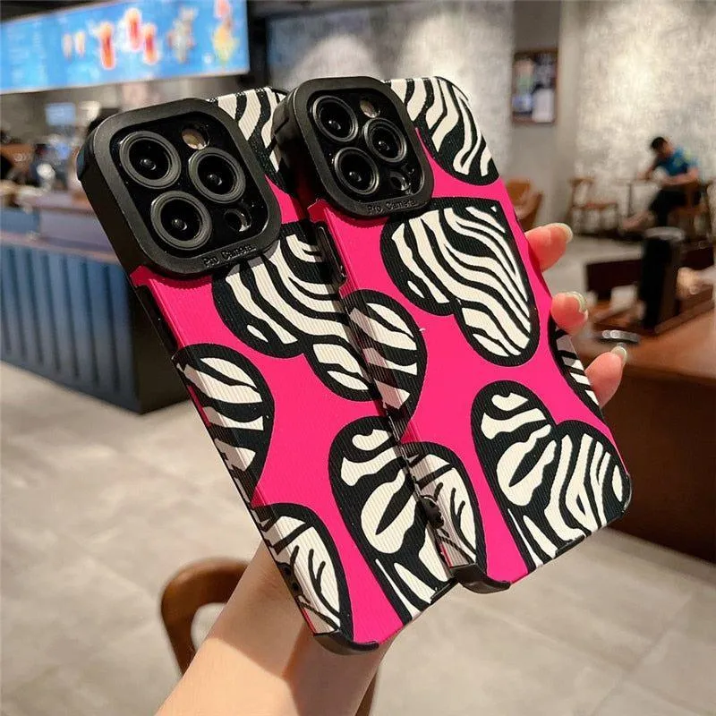 Stylish Pink White Heart Zebra Pattern Cute Phone Cases For iPhone 14, 13, 12 Pro, 11, XS Max, 7, 8 Plus, X, XR, SE