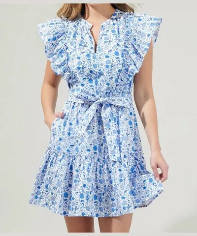 SUGARLIPS Luray Floral Ruffle Mini Dress In Blues White